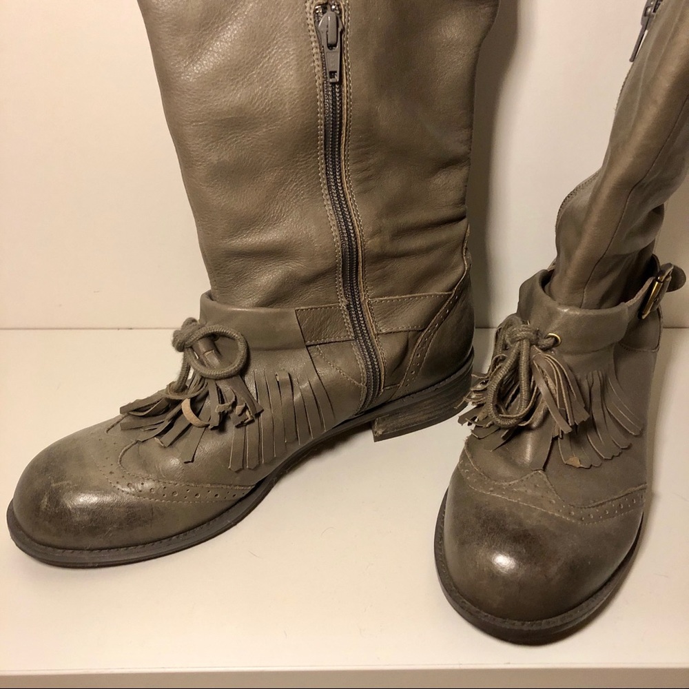 Lucky Penny knee high gray leather brogue boots